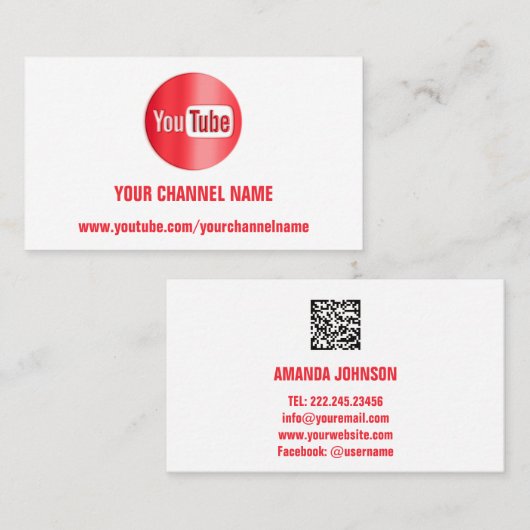 CARTE DE VISITE NOM DU CANAL YOUTUBER LOGO QR CODE ROUGE BLANC (Devant / Derrière)
