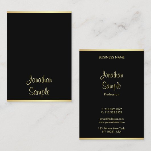 Carte De Visite Nom du script main tendance Black Gold Modern Modè (Devant / Derrière)