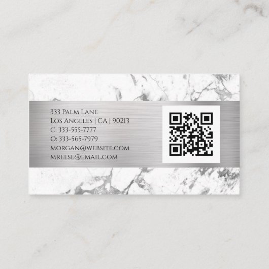 Carte De Visite Nom et monogramme, code QR, marbre blanc et gris (Dos)