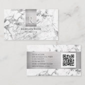 Carte De Visite Nom et monogramme, code QR, marbre blanc et gris (Devant / Derrière)