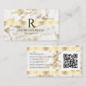 Carte De Visite Nom et monogramme, code QR, Marbre blanc et or (Devant / Derrière)