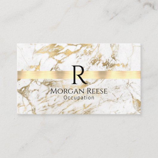 Carte De Visite Nom et monogramme, code QR, Marbre blanc et or (Devant)