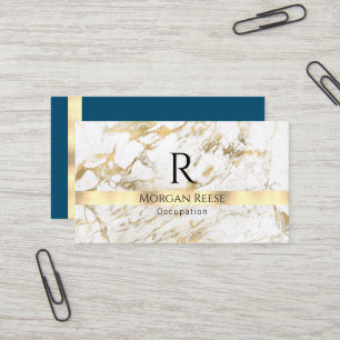Carte De Visite Nom et monogramme, code QR, Marbre blanc et or V 5
