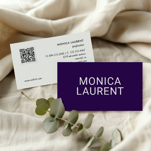 CARTE DE VISITE NOM LIVRE CODE QR LOGO ICONS SOCIAUX CHIC PURPLE