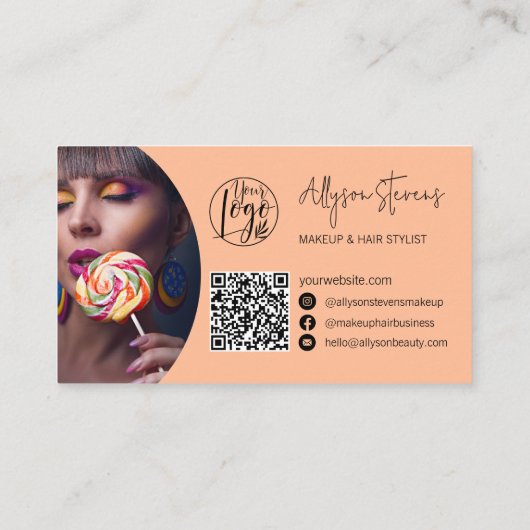 Carte De Visite Nom moderne bold script maquillage cheveux logo qr (Dos)