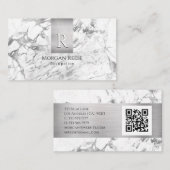 Carte De Visite Nom & monogramme, code QR, marbre blanc et gris (Devant / Derrière)