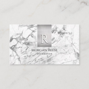 Carte De Visite Nom & monogramme, code QR, marbre blanc et gris