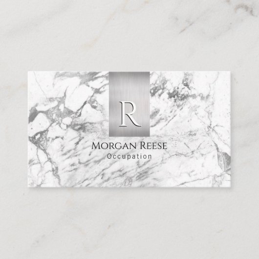 Carte De Visite Nom & monogramme, code QR, marbre blanc et gris (Devant)