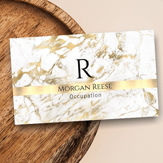 Carte De Visite Nom & Monogramme, Code QR, Marbre Blanc & Or Vs 3
