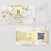Carte De Visite Nom & Monogramme, Code QR, Marbre Blanc & Or Vs 5 (Devant / Derrière)