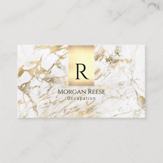 Carte De Visite Nom & Monogramme, Code QR, Marbre Blanc & Or Vs 5 (Devant)
