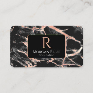 Carte De Visite Nom & Monogramme, Code QR, Marbre d'or noir et Ros