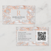 Carte De Visite Nom & Monogramme, Code QR, Marbre Gris & Or Rose (Devant / Derrière)