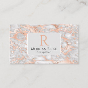Carte De Visite Nom & Monogramme, Code QR, Marbre Gris & Or Rose