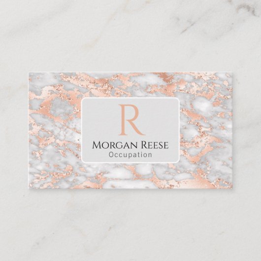 Carte De Visite Nom & Monogramme, Code QR, Marbre Gris & Or Rose (Devant)