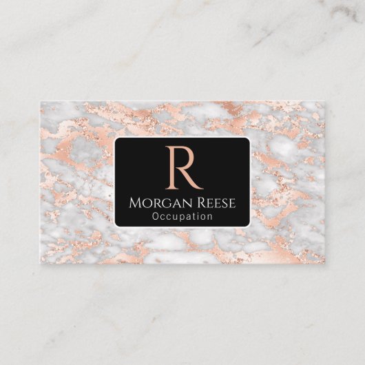 Carte De Visite Nom/Monogramme, Code QR, Marbre Gris/Or Rose, Vs3 (Devant)