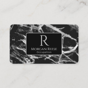 Carte De Visite Nom & Monogramme, Code QR, Marbre Noir & Gris