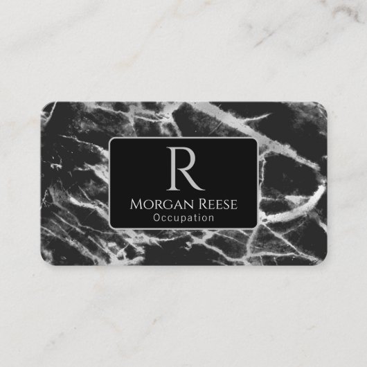 Carte De Visite Nom & Monogramme, Code QR, Marbre Noir & Gris (Devant)