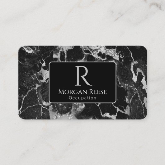 Carte De Visite Nom/Monogramme, Code QR, Marbre noir/gris Vs2 (Devant)