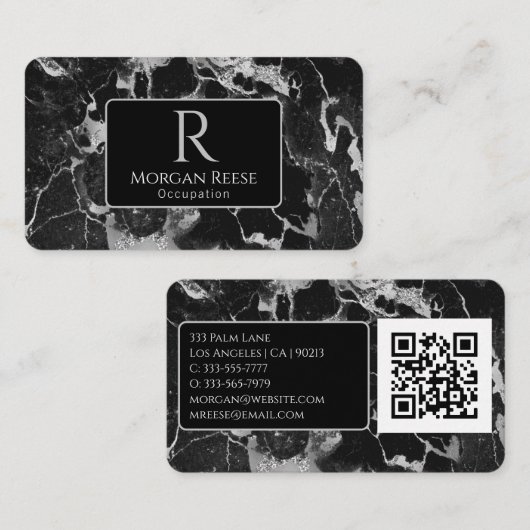 Carte De Visite Nom/Monogramme, Code QR, Marbre noir/gris Vs2 (Devant / Derrière)