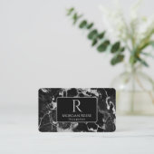 Carte De Visite Nom/Monogramme, Code QR, Marbre noir/gris Vs2 (Debout devant)