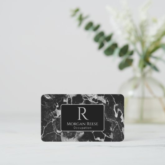 Carte De Visite Nom/Monogramme, Code QR, Marbre noir/gris Vs2 (Debout devant)