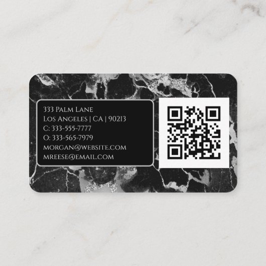 Carte De Visite Nom/Monogramme, Code QR, Marbre noir/gris Vs2 (Dos)