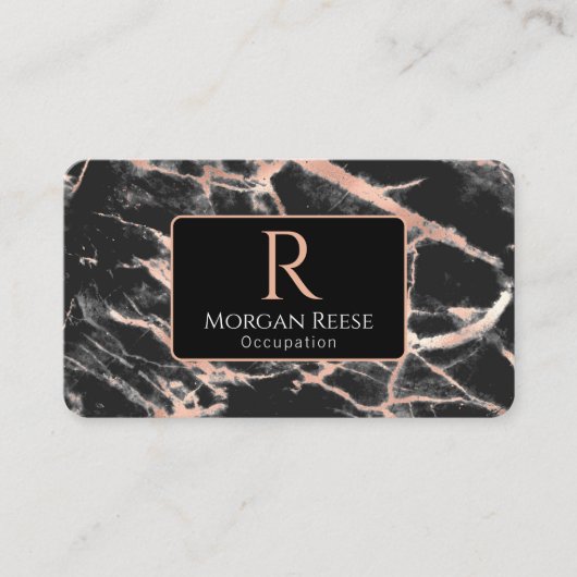 Carte De Visite Nom & Monogramme, Code QR, Marbre Noir & Or Rose (Devant)