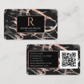 Carte De Visite Nom & Monogramme, Code QR, Marbre Noir & Or Rose (Devant / Derrière)