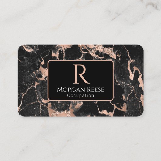 Carte De Visite Nom/Monogramme, Code QR, Marbre Noir/Rose Gold Vs2 (Devant)