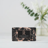 Carte De Visite Nom/Monogramme, Code QR, Marbre Noir/Rose Gold Vs2 (Debout devant)