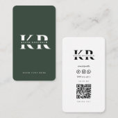 Carte De Visite Nom personnalisé moderne Monogram Dark Green Qr Co (Devant / Derrière)