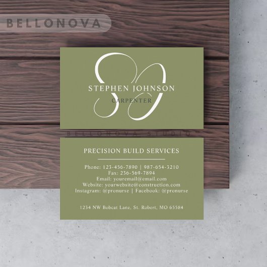 Carte De Visite Nom personnalisé Moss Sage Olive Green Monogramme 