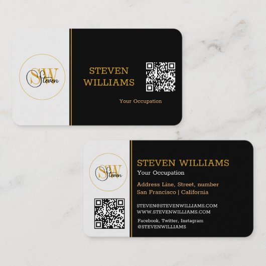 Carte De Visite Nom, signature / code QR moderne monogramme (Devant / Derrière)