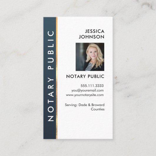 Carte De Visite Nota photo professionnelle moderne bleu & or (Devant)