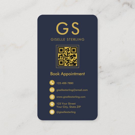 Carte De Visite Nota public Monogramme Marine Blue Gold QR Code (Dos)