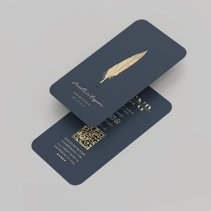 Carte De Visite Notaire Gold Quill Monogramme Bleu foncé Moderne
