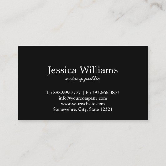 Carte De Visite Notaire Public Élégant Script Plain Noir & Blanc (Dos)