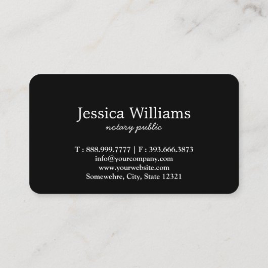 Carte De Visite Notaire Public Élégant Script Plain Noir & Blanc (Dos)