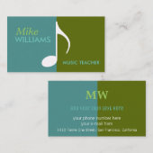 Carte De Visite note musicale sur bleu & vert moderne (Devant / Derrière)