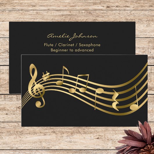 Carte De Visite Notes de musique Flute Enseignant Gold Elegant