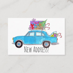 Carte De Visite Nouvelle adresse voiture bleue avec cadeaux de Noë