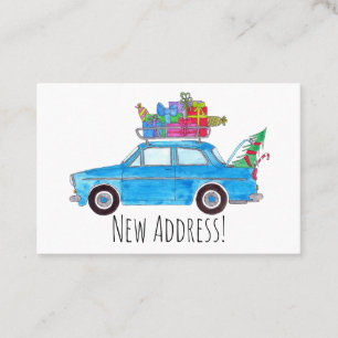 Carte De Visite Nouvelle adresse voiture bleue avec cadeaux de Noë