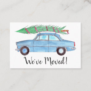 Carte De Visite Nouvelle adresse voiture bleue avec sapin de cadea