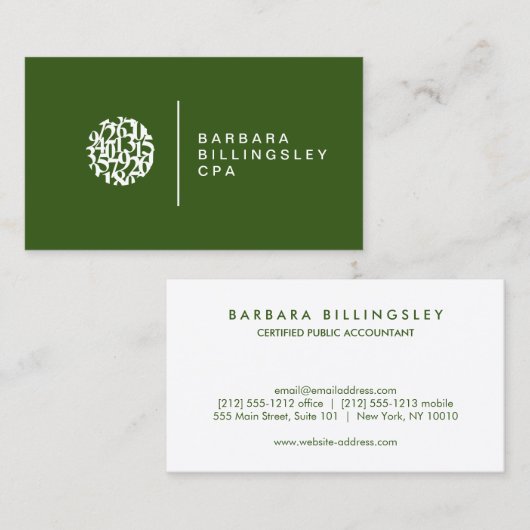Carte De Visite Numéros modernes Logo Comptable Dark Green (Devant / Derrière)