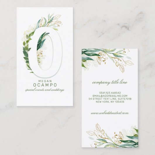Carte De Visite O Lettre Monogramme Or Vert Feuille Élégant (Devant / Derrière)
