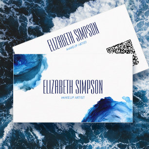 Carte De Visite Ocean Waves Blue Watercolor Code QR