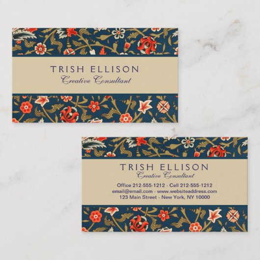 Carte De Visite Oiseau et fleurs Perse Motif bleu rouge (Devant / Derrière)