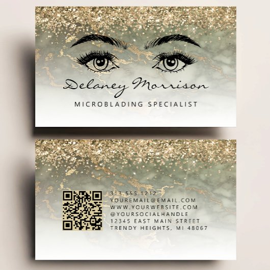 Carte De Visite Olive Green Gold Marble Eyes QR Code Microblading