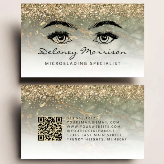 Carte De Visite Olive Green Gold Marble Eyes QR Code Microblading